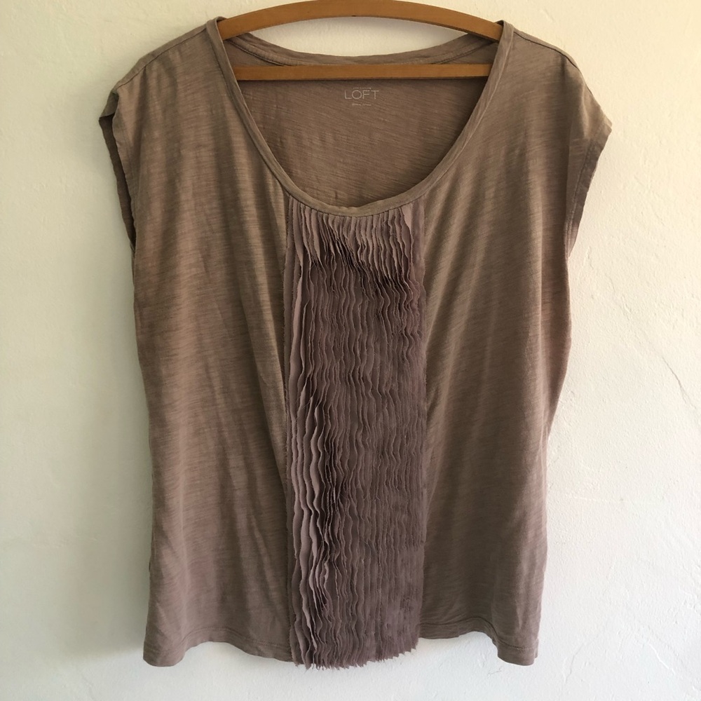 Ann Taylor Loft Blouse Women's Sz L Ruffled Front Brown Sleeveless Quiet Luxury